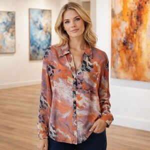 Bellatrix Marble Sheer Long Sleeve Buttondown Blouse Bohemian Career Artsy S